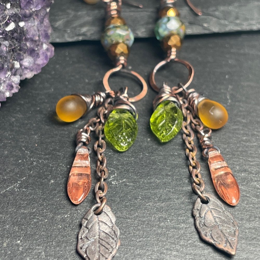 Rustic Copper Leaf Earrings | Woodland Fairycore Jewelry | Artisan - Picture 5 of 15